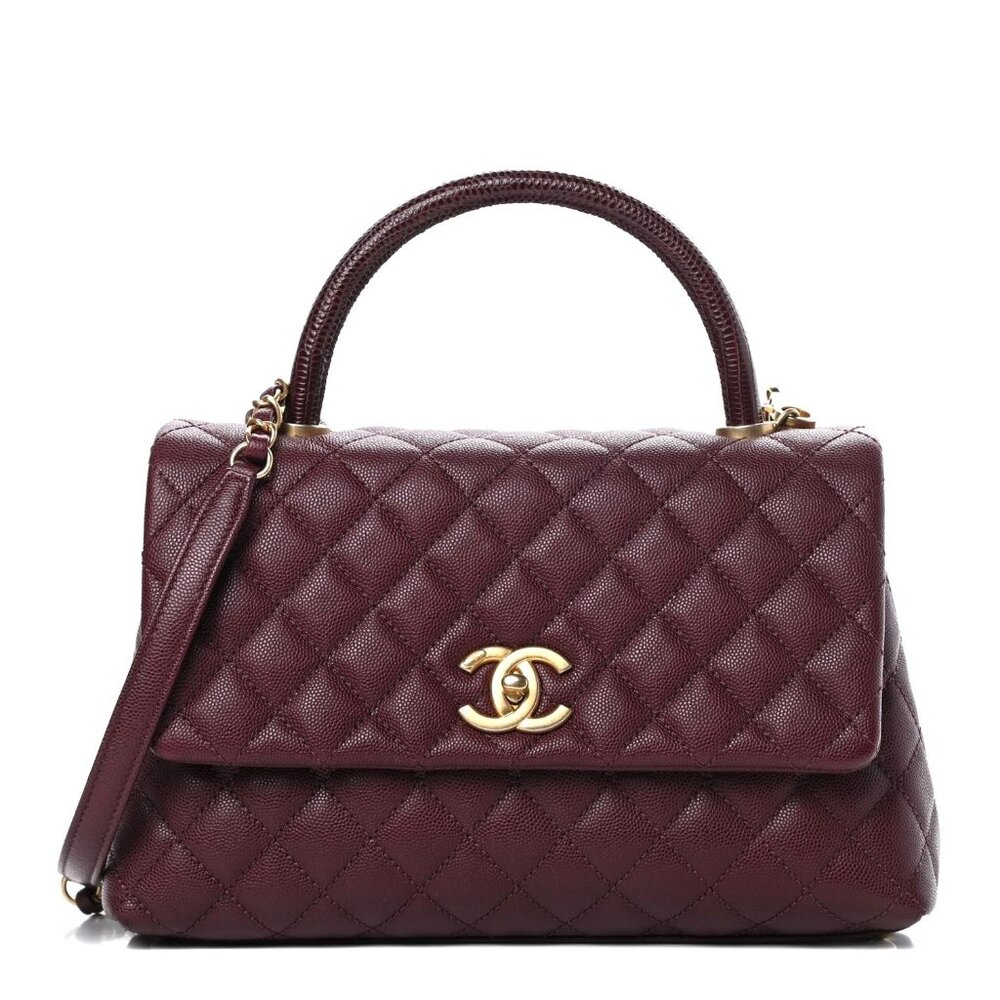 Authentic CHANEL Caviar Lizard Embossed Quilted Small Coco Handle Flap Burgundy - Picture 2 of 14